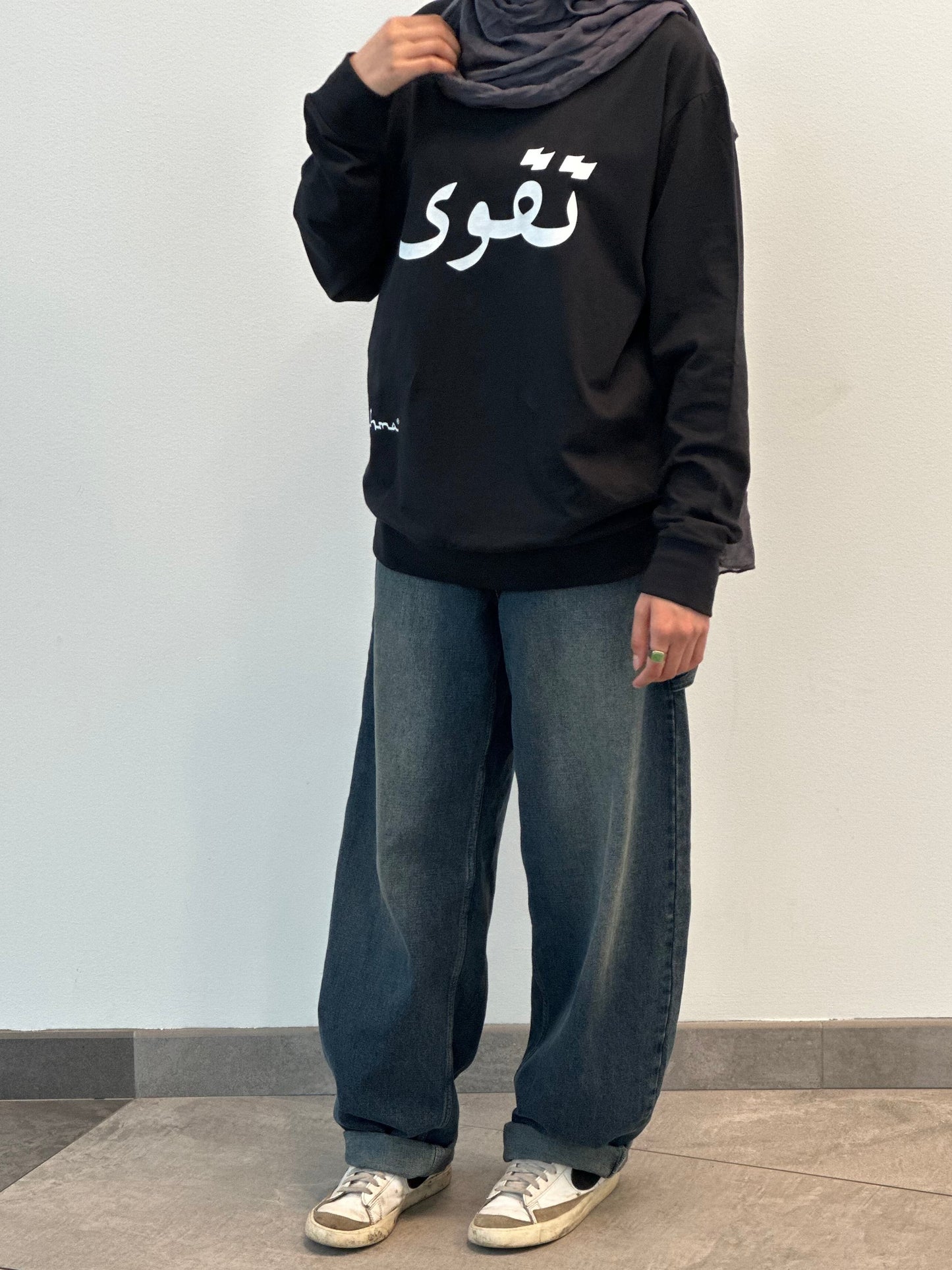 "Taqwa" Full-sleeve Shirt (Black) Islamic clothing, Front Side Female